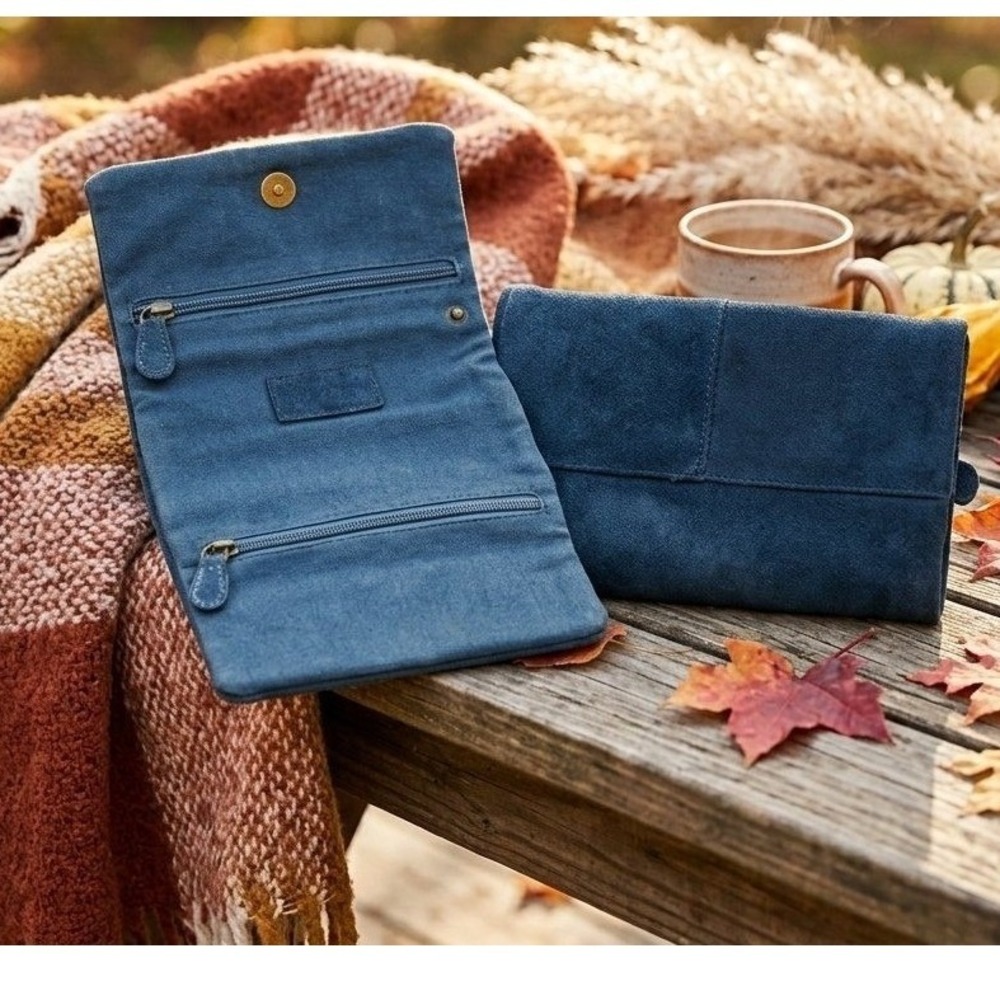 Free People Clutch Women Small Navy Blue Suede Boho Foldover Zip Wallet Bag